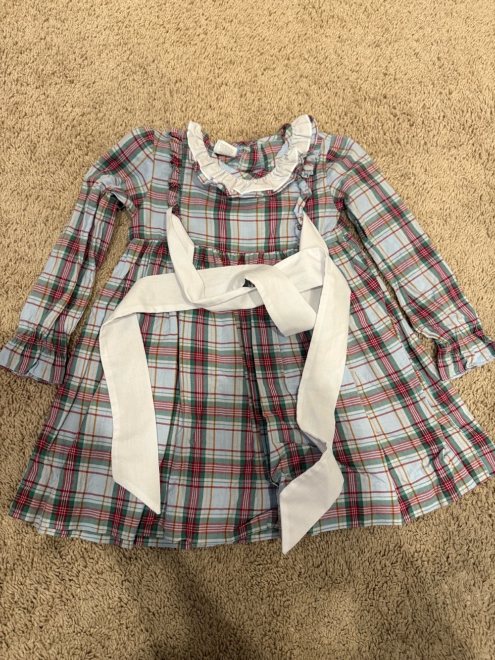 bella bliss Light Blue Dress with Red and Green Plaid Trim